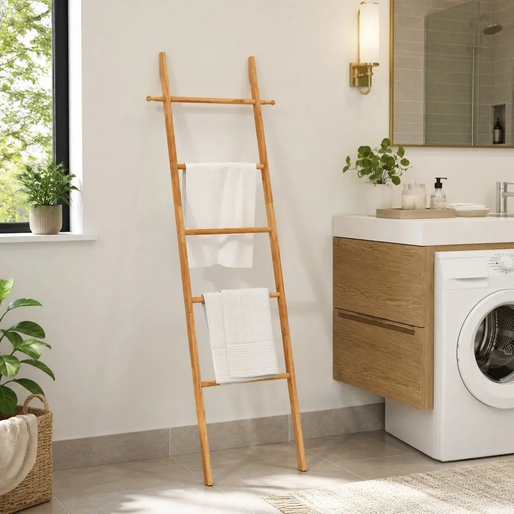Towel Ladder Brown 170 cm Solid Wood 4 Rungs Storage Rack Bathroom Bedroom Home Decor