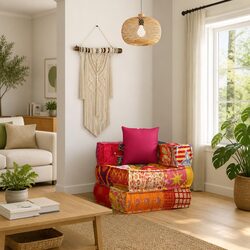 Modular Pouffe Patchwork Fabric Corner Sofa Chaise Lounge Chair with Pillow