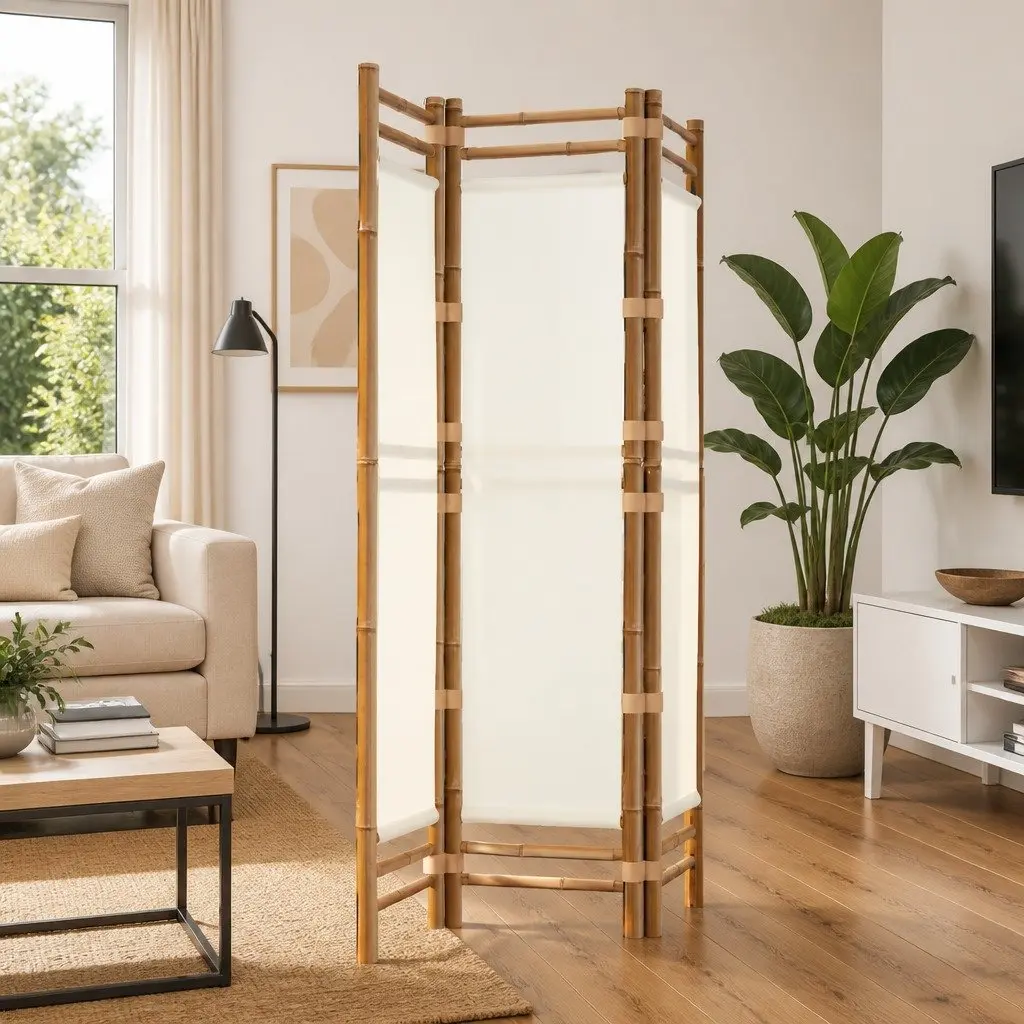 Room Divider Cream 3-Panel Folding Bamboo Canvas Privacy Screen Indoor
