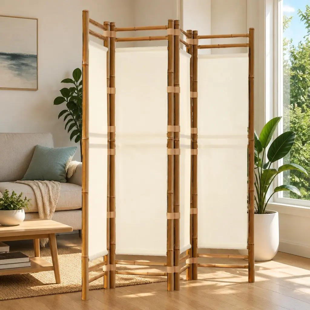 Folding Room Divider Cream 160cm Bamboo Canvas 4-Panel Privacy Screen