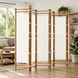 Folding Room Divider 6-Panel 240 cm Privacy Screen Partition Bamboo Canvas Cream
