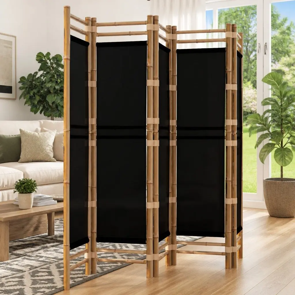 5-Panel Room Divider Black 200cm Folding Privacy Screen Bamboo Canvas