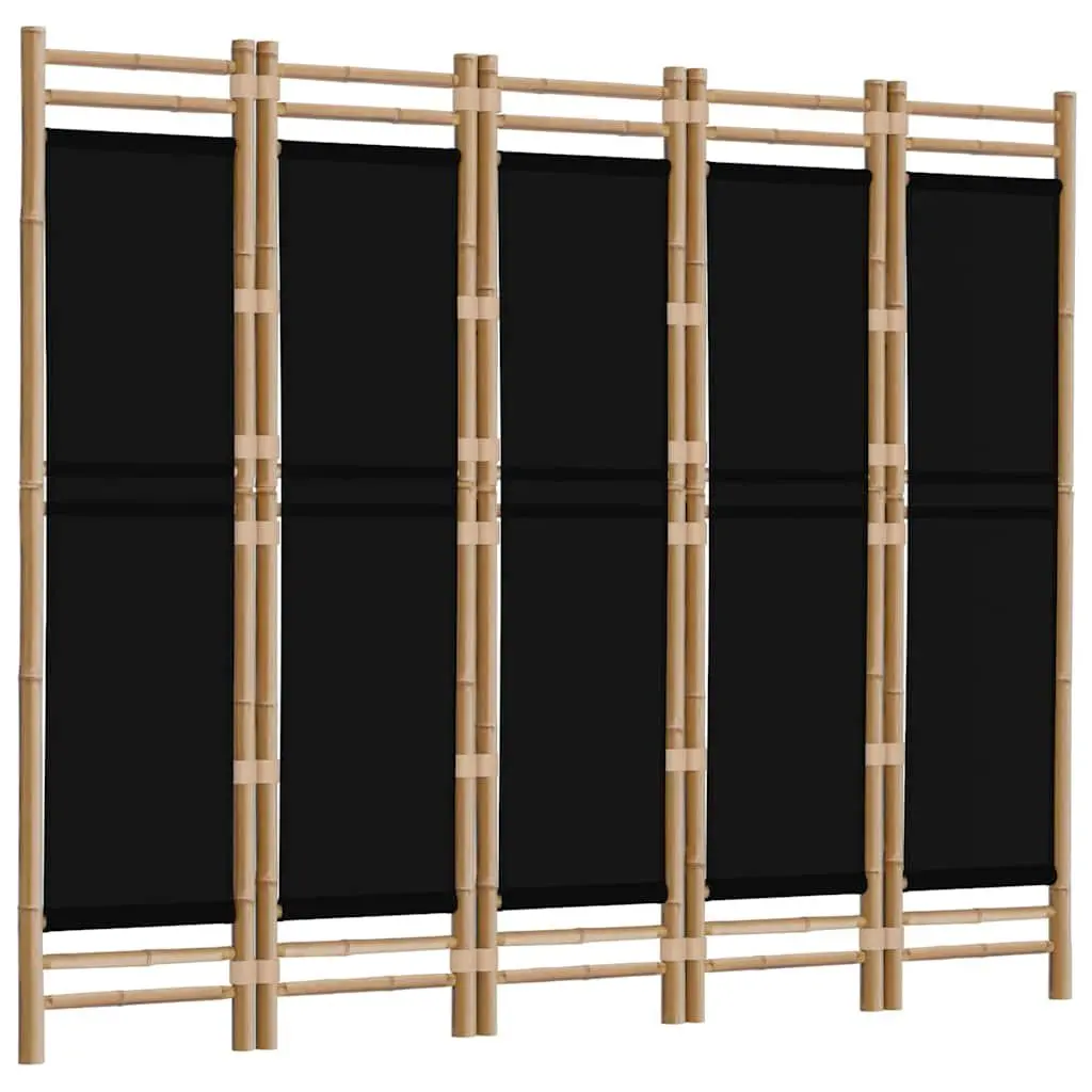 5-Panel Room Divider Black 200cm Folding Privacy Screen Bamboo Canvas