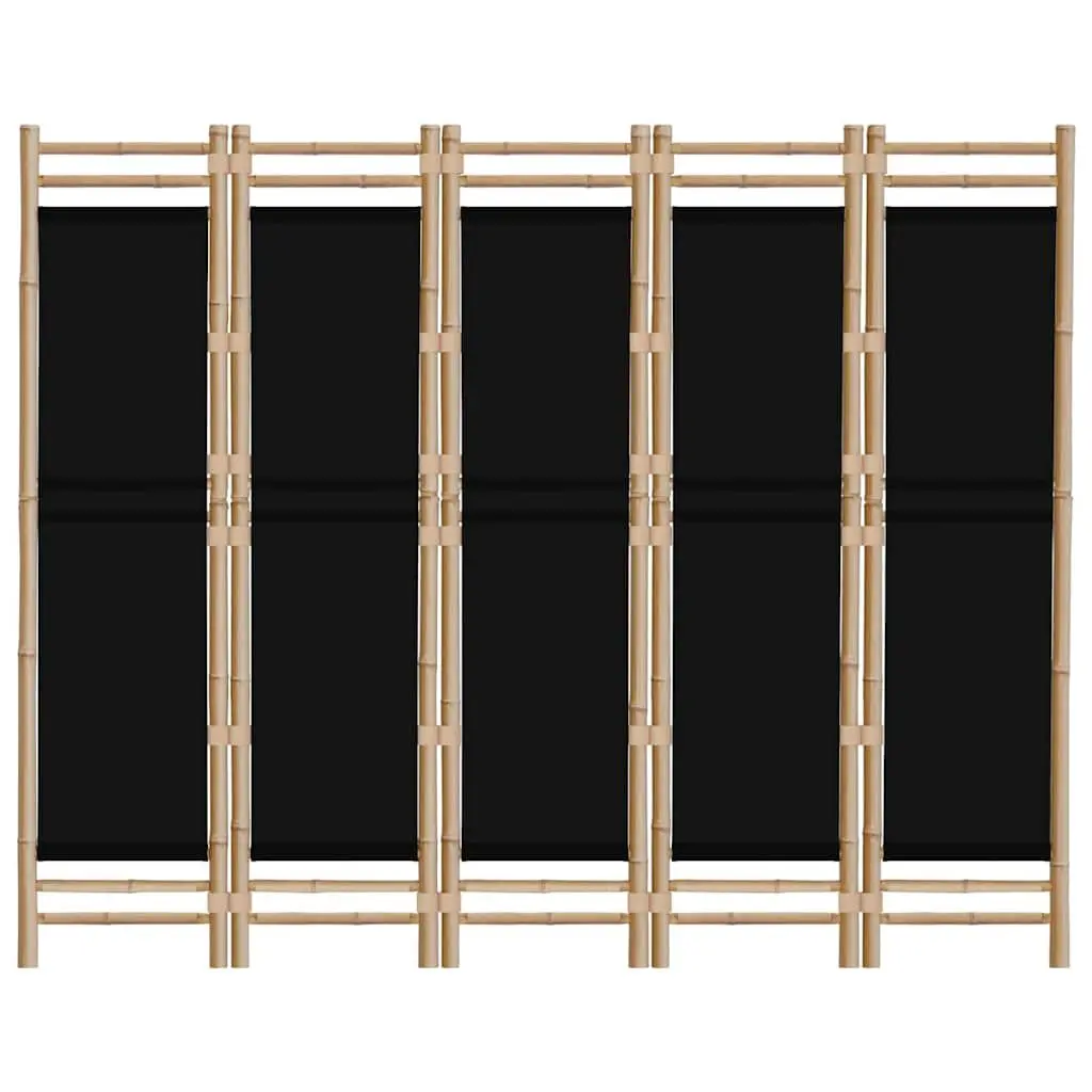 5-Panel Room Divider Black 200cm Folding Privacy Screen Bamboo Canvas