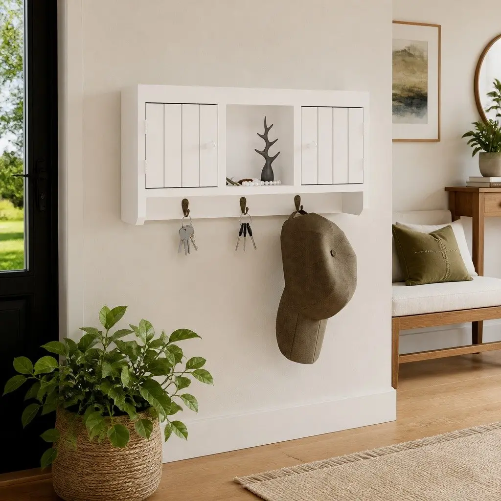 Key Cabinet White Wall-Mounted Storage Organiser with Hooks Compartments Shelf