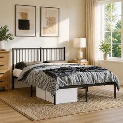 Metal Bed Frame 135x190 cm with Headboard and Slats Black Bedroom Furniture