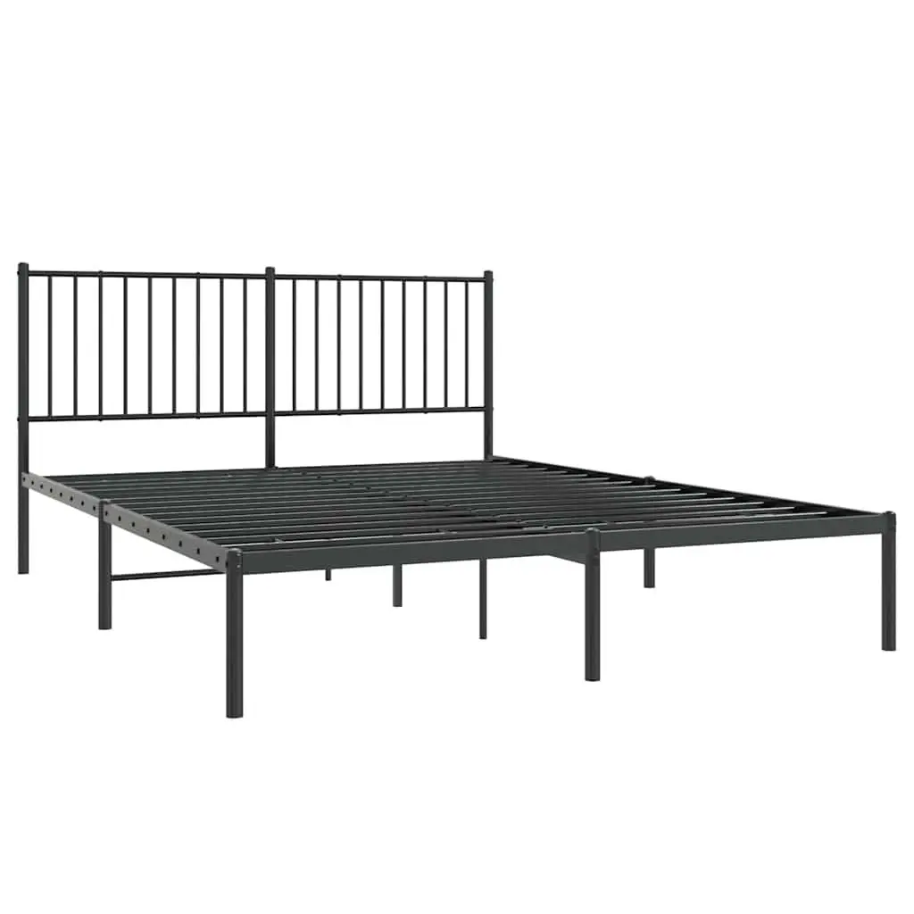 Queen Size Metal Bed Frame Black 150x200cm with Slatted Base and Headboard for Bedroom Storage