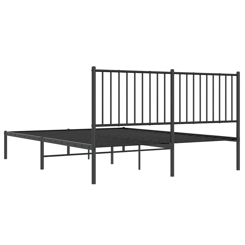 Queen Size Metal Bed Frame Black 150x200cm with Slatted Base and Headboard for Bedroom Storage
