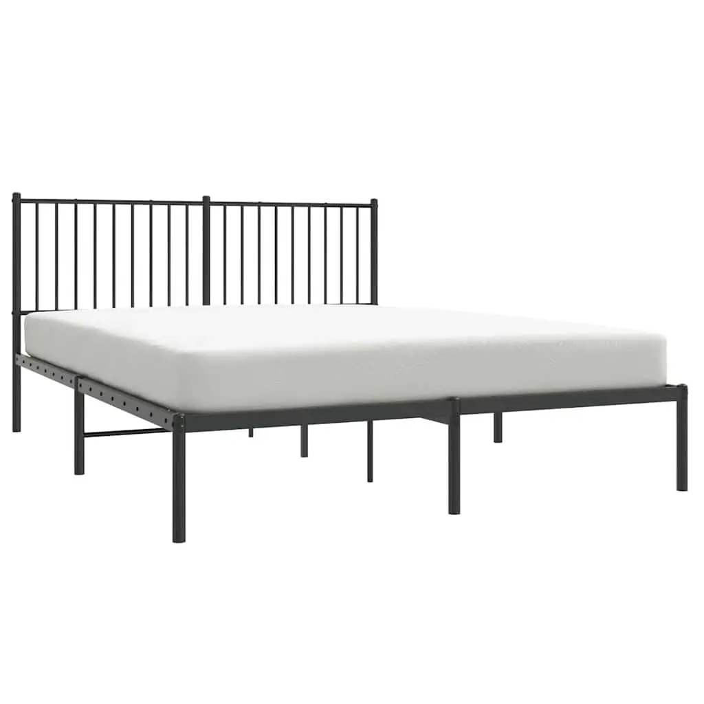 Queen Size Metal Bed Frame Black 150x200cm with Slatted Base and Headboard for Bedroom Storage