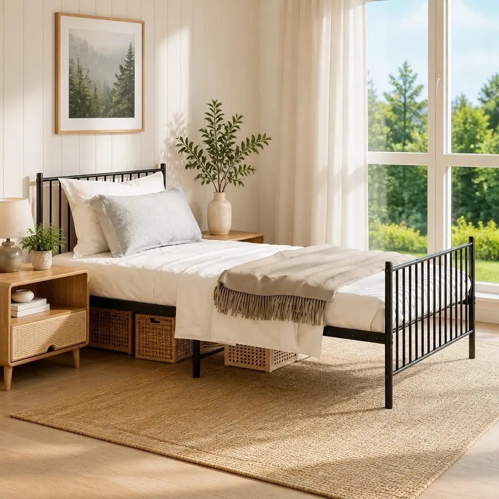 Metal Bed Frame Black King Single 107x203 cm with Footboard Slatted Base