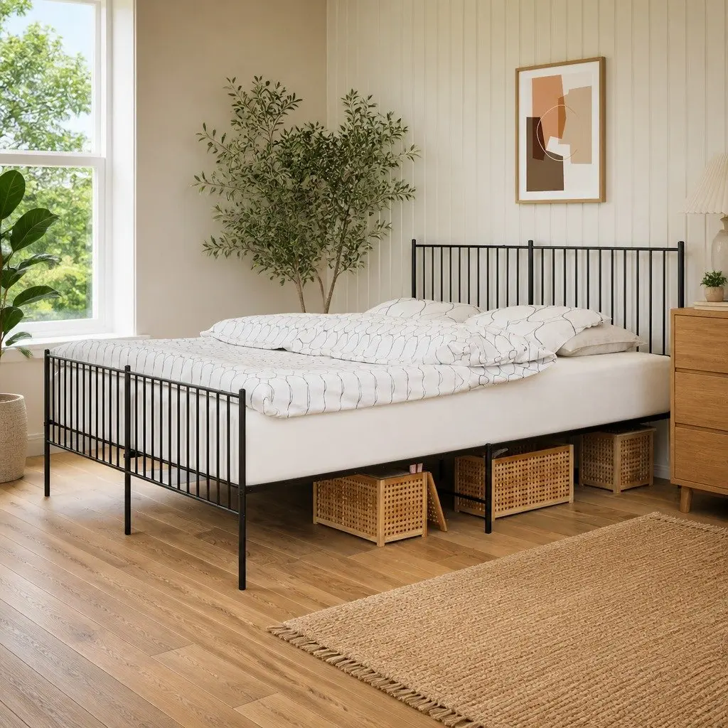 Metal Bed Frame Black King Size 183x203 cm Sturdy Steel Construction with Headboard Footboard