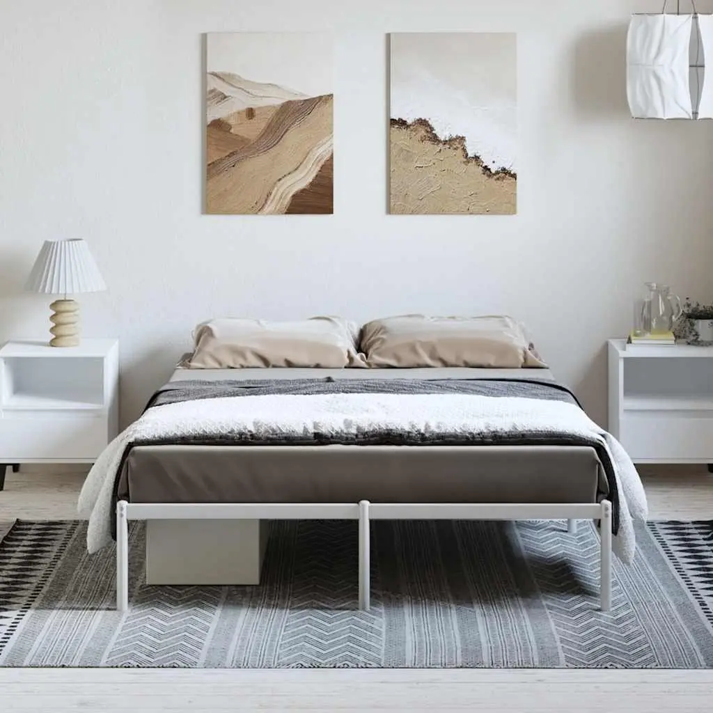 Metal Bed Frame White 135x190 cm Sturdy Steel Slatted Base