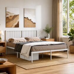 Compact White Metal Bed Frame with Headboard 135x190 cm