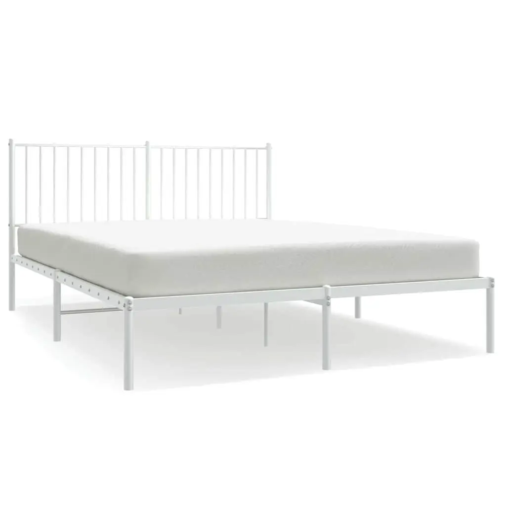 White Metal Bed Frame 150x200cm with Storage Space Headboard Support and Metal Slats