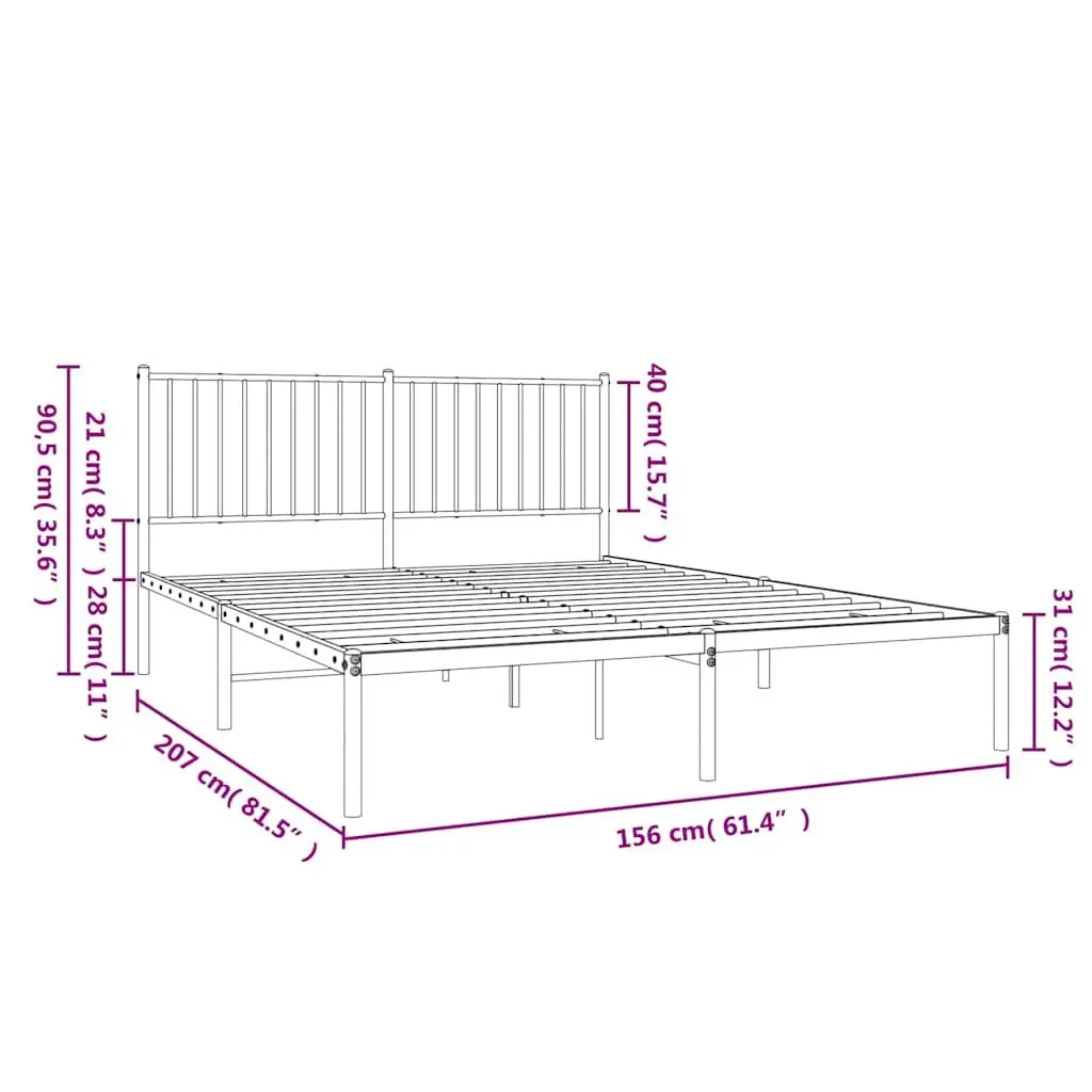 White Metal Bed Frame 150x200cm with Storage Space Headboard Support and Metal Slats