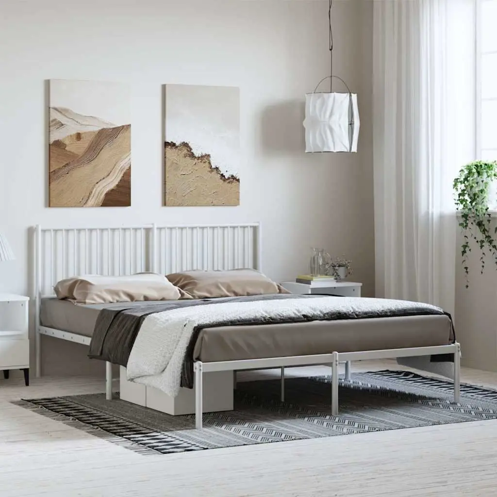 White Metal Bed Frame 150x200cm with Storage Space Headboard Support and Metal Slats