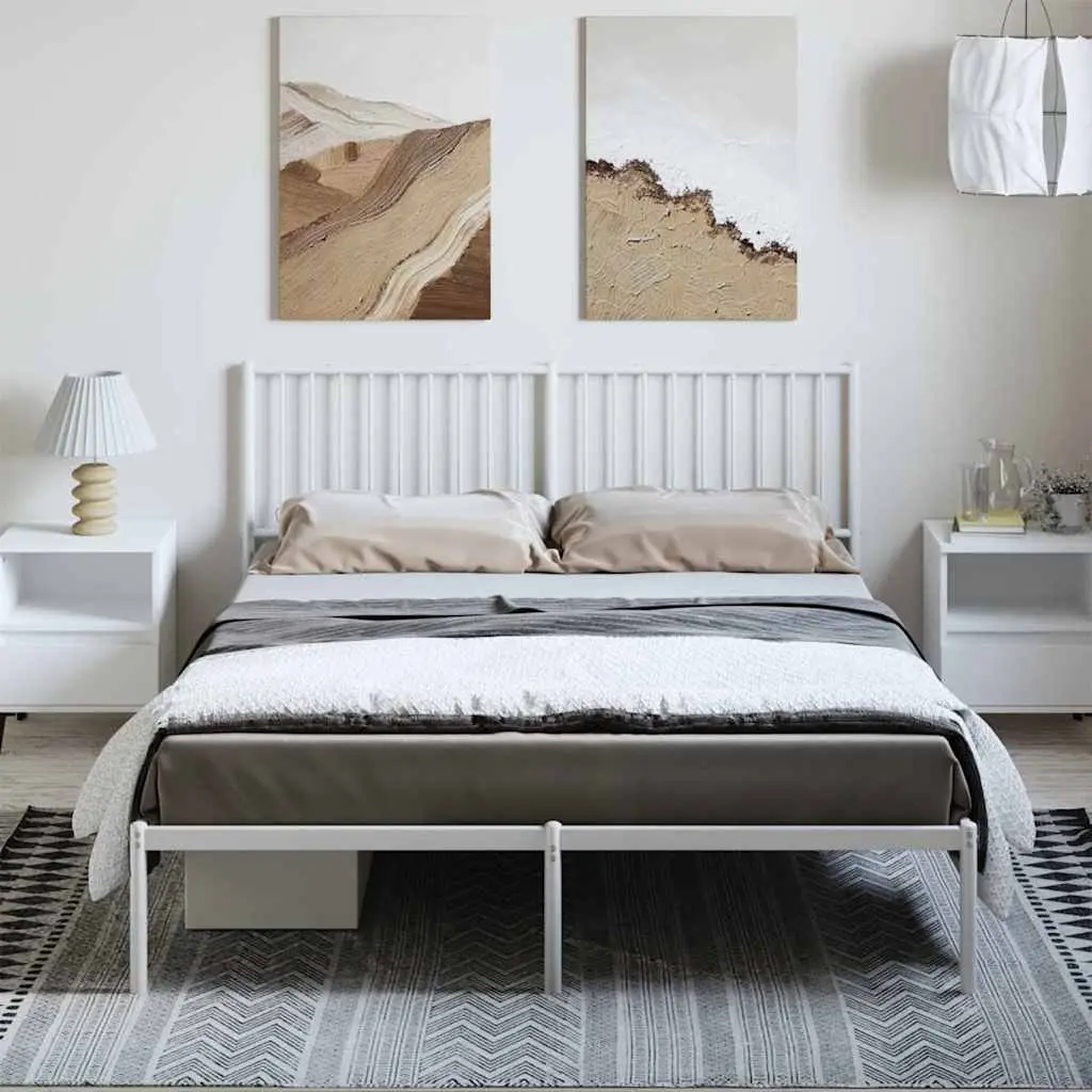 White Metal Bed Frame 150x200cm with Storage Space Headboard Support and Metal Slats