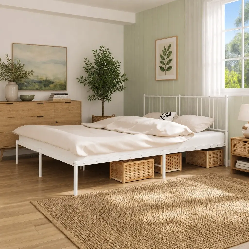 Metal Bed Frame White King Size with Headboard Steel Slats Support 183x203 cm