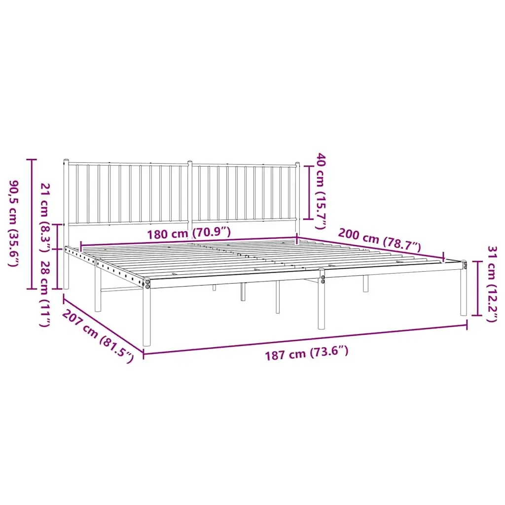 Metal Bed Frame White King Size with Headboard Steel Slats Support 183x203 cm