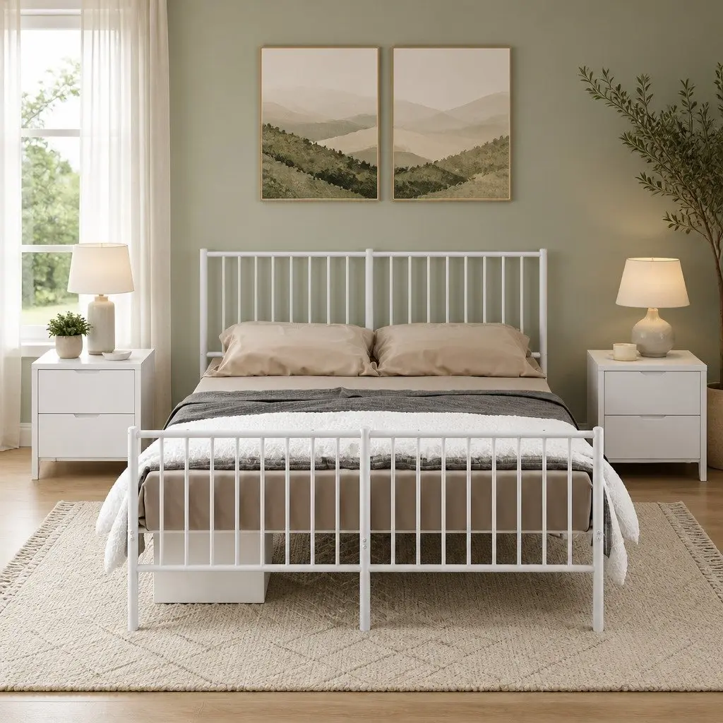 Metal Bed Frame White 135x190 cm with Slatted Base Footboard for Bedroom Storage