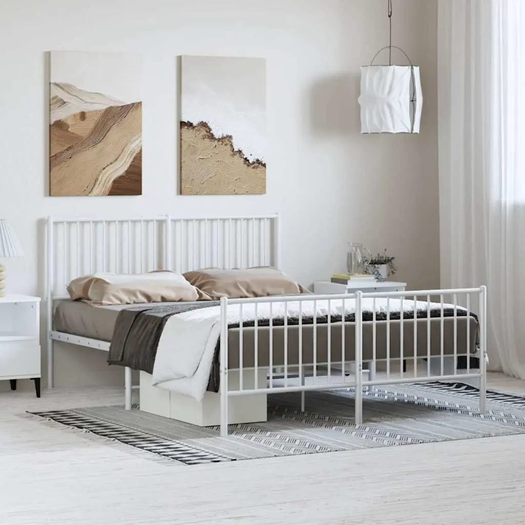 Metal Bed Frame White 135x190 cm with Slatted Base Footboard for Bedroom Storage