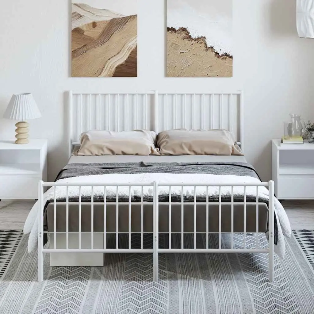 Metal Bed Frame White 135x190 cm with Slatted Base Footboard for Bedroom Storage