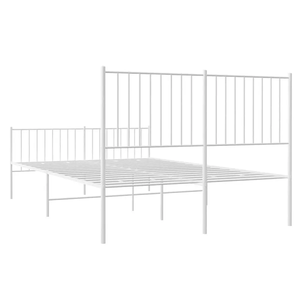 Metal Bed Frame White 135x190 cm with Slatted Base Footboard for Bedroom Storage