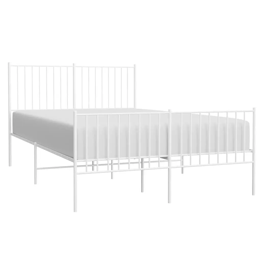 Metal Bed Frame White 135x190 cm with Slatted Base Footboard for Bedroom Storage