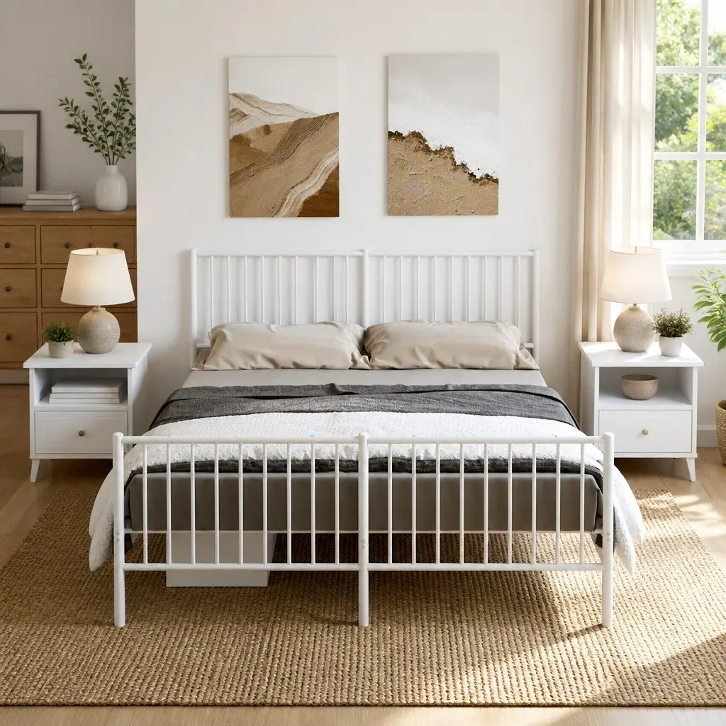 Metal Bed Frame White 150x200 cm Powder-coated Steel Construction with Headboard and Footboard