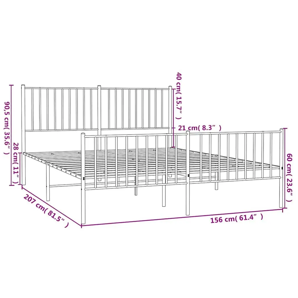 Metal Bed Frame White 150x200 cm Powder-coated Steel Construction with Headboard and Footboard