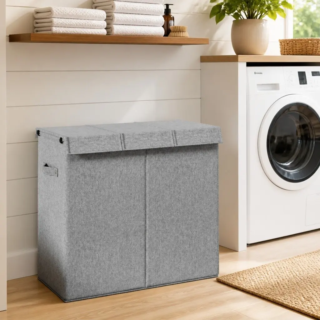 Grey Foldable Hamper 3-Section 64.5x34.5x59cm Laundry Storage Basket with Lid and Side Handles