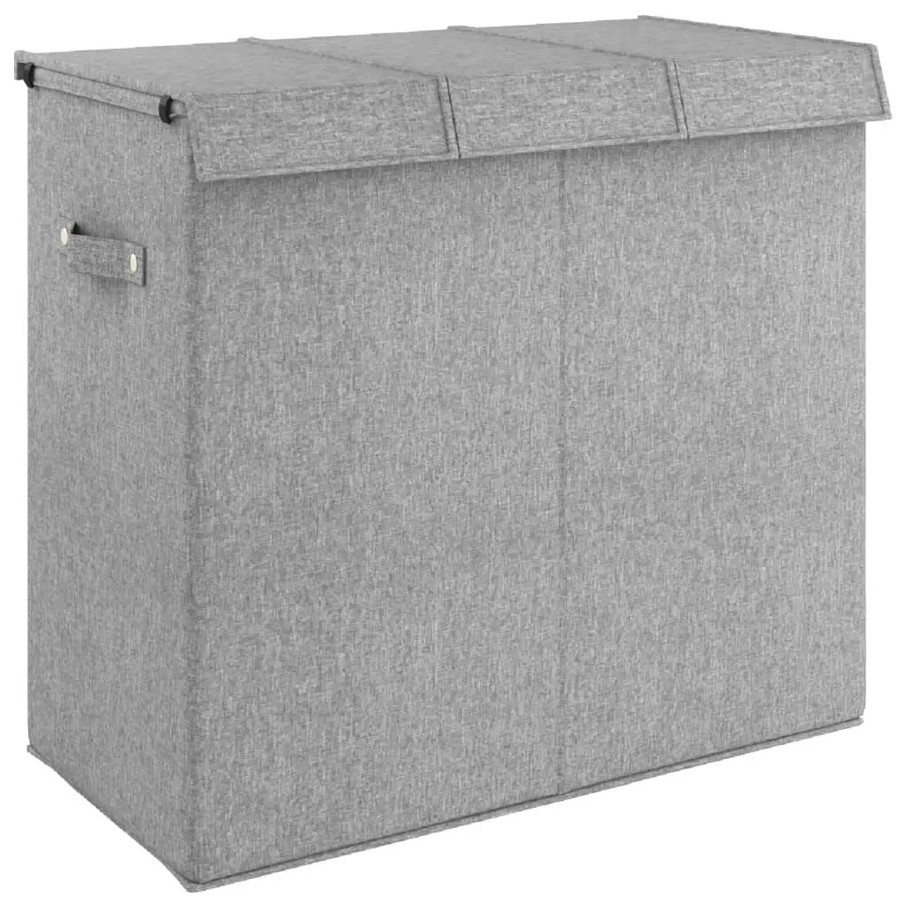 Grey Foldable Hamper 3-Section 64.5x34.5x59cm Laundry Storage Basket with Lid and Side Handles