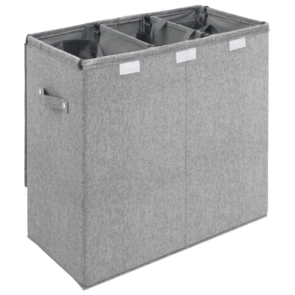 Grey Foldable Hamper 3-Section 64.5x34.5x59cm Laundry Storage Basket with Lid and Side Handles