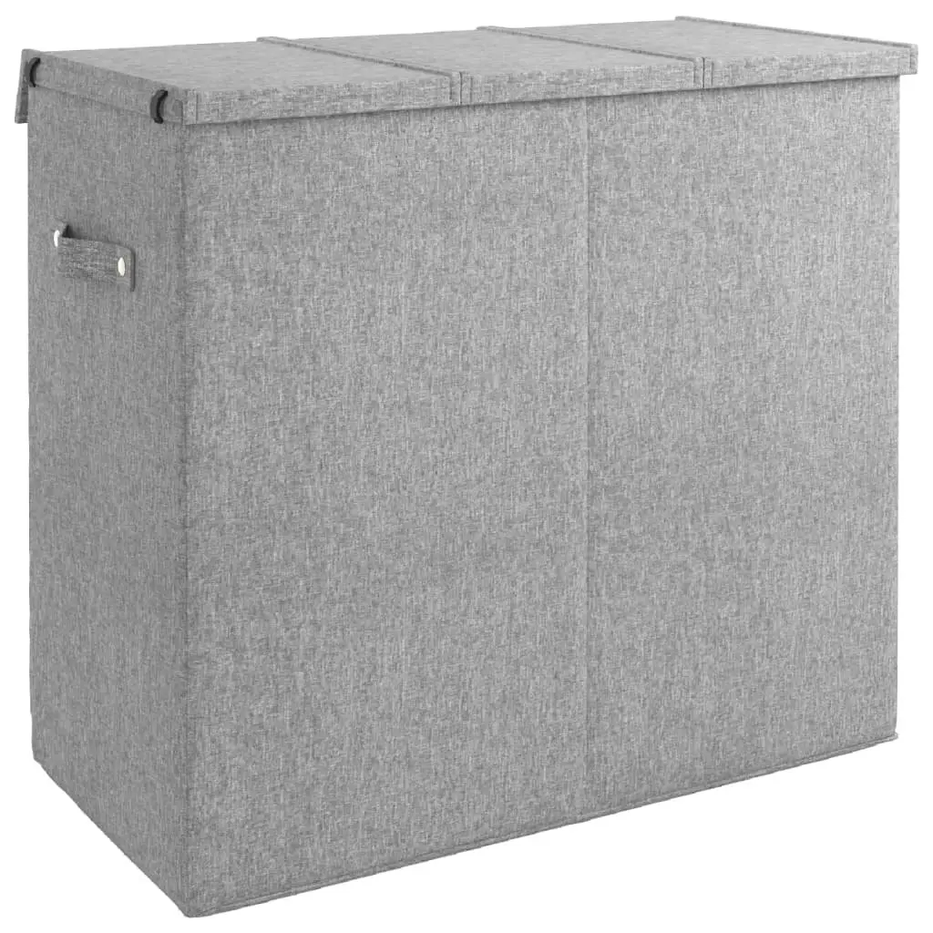 Grey Foldable Hamper 3-Section 64.5x34.5x59cm Laundry Storage Basket with Lid and Side Handles
