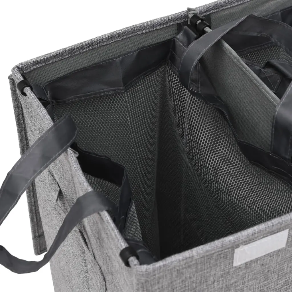 Grey Foldable Hamper 3-Section 64.5x34.5x59cm Laundry Storage Basket with Lid and Side Handles