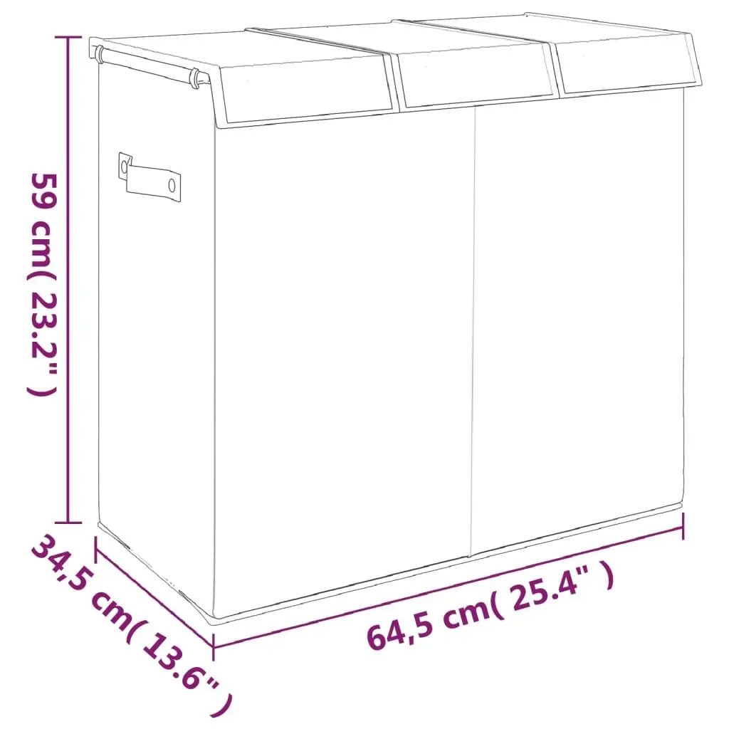 Grey Foldable Hamper 3-Section 64.5x34.5x59cm Laundry Storage Basket with Lid and Side Handles