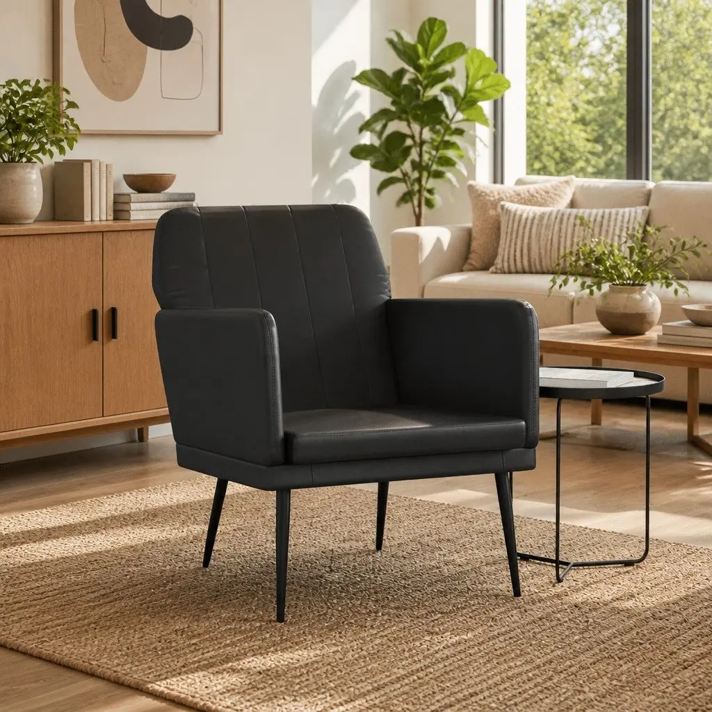 Black Faux Leather Armchair Padded Relaxation Chair for Living Room