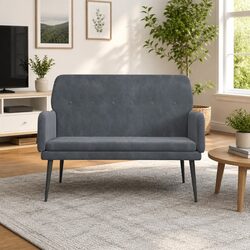 Bench Velvet Grey Upholstered Seating Armrest Padded Seat Living Room Furniture