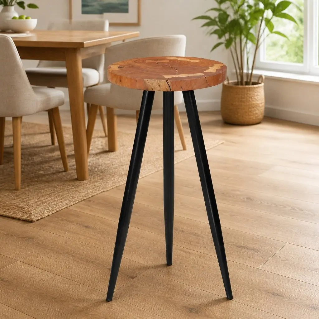 Log Bar Table Brown 53 cm Solid Acacia Wood Top with Iron Legs Industrial Style