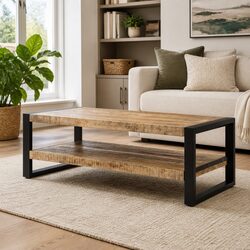 Coffee Table 120x55x40 cm Solid Wood Mango Rustic Two Tier Storage