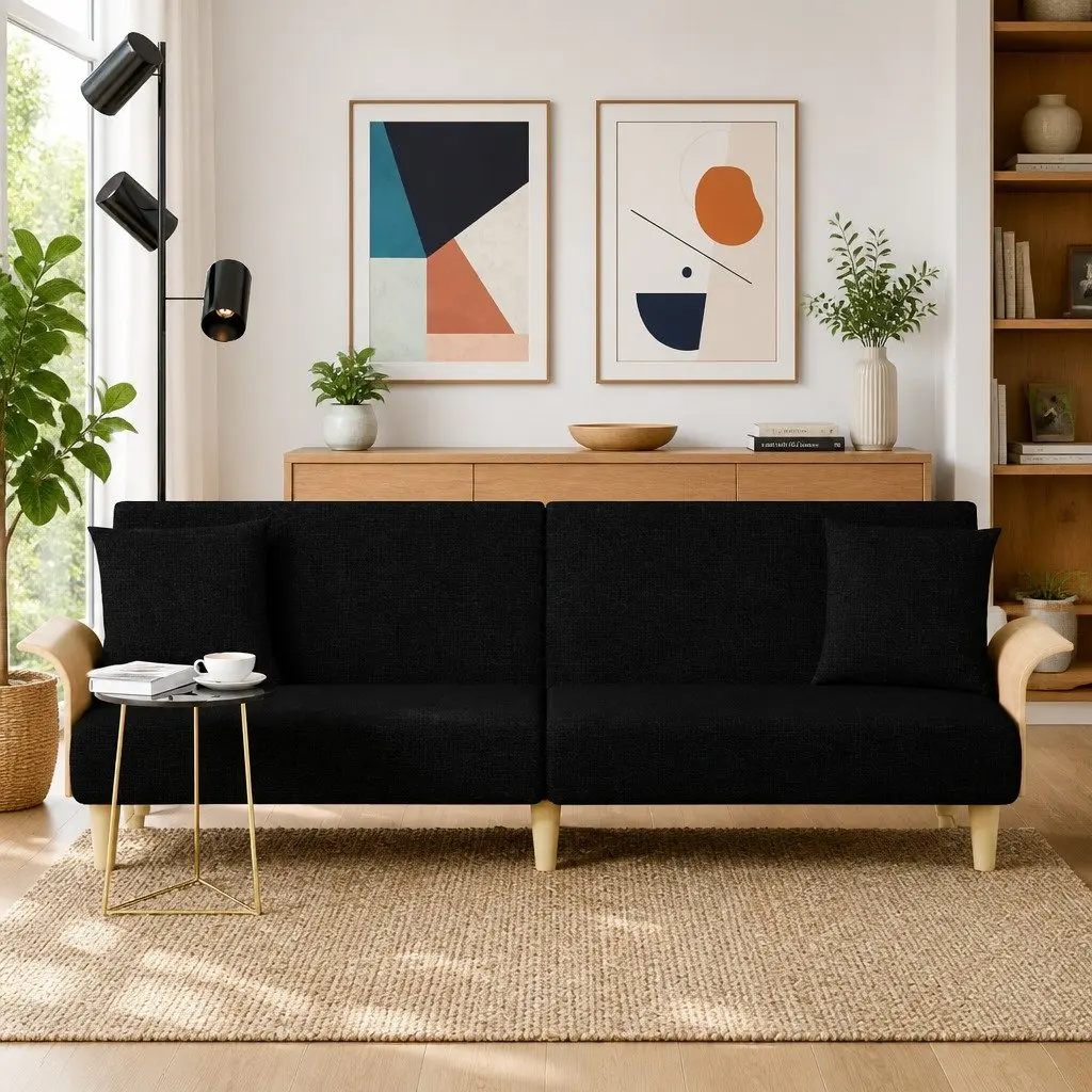Sofa Bed Black Fabric Adjustable Backrest Armrests