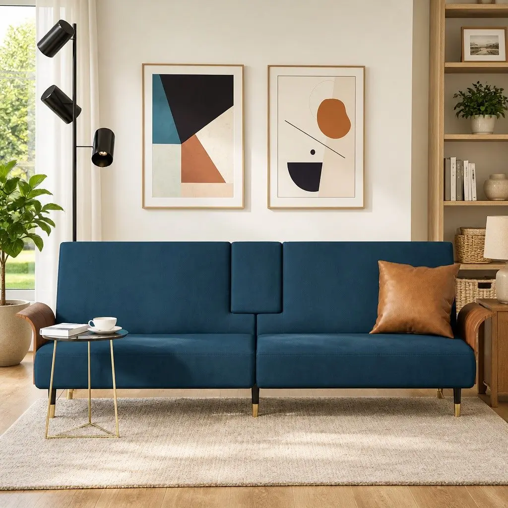 Sofa Bed Blue Velvet Adjustable Backrest with USB Ports and Cup Holders Foldable Tea Table