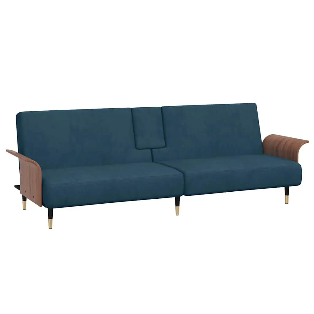 Sofa Bed Blue Velvet Adjustable Backrest with USB Ports and Cup Holders Foldable Tea Table