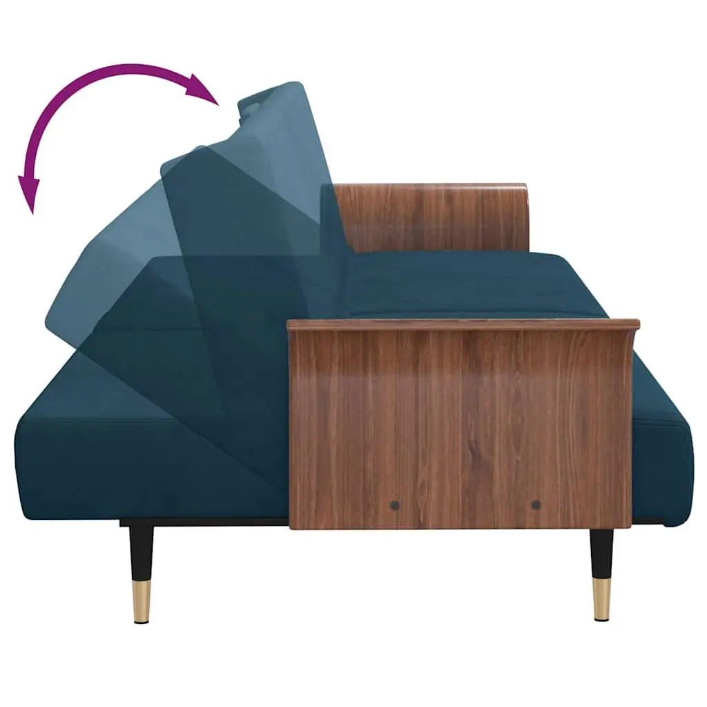 Sofa Bed Blue Velvet Adjustable Backrest with USB Ports and Cup Holders Foldable Tea Table