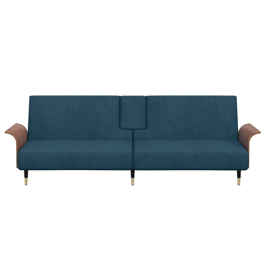 Sofa Bed Blue Velvet Adjustable Backrest with USB Ports and Cup Holders Foldable Tea Table