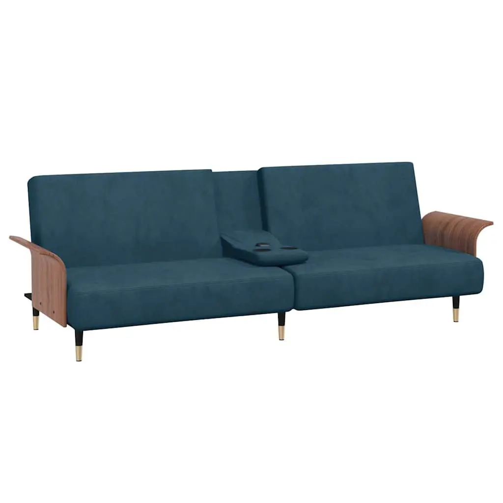 Sofa Bed Blue Velvet Adjustable Backrest with USB Ports and Cup Holders Foldable Tea Table