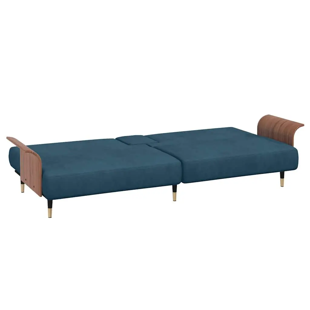 Sofa Bed Blue Velvet Adjustable Backrest with USB Ports and Cup Holders Foldable Tea Table