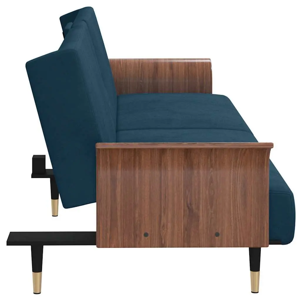Sofa Bed Blue Velvet Adjustable Backrest with USB Ports and Cup Holders Foldable Tea Table