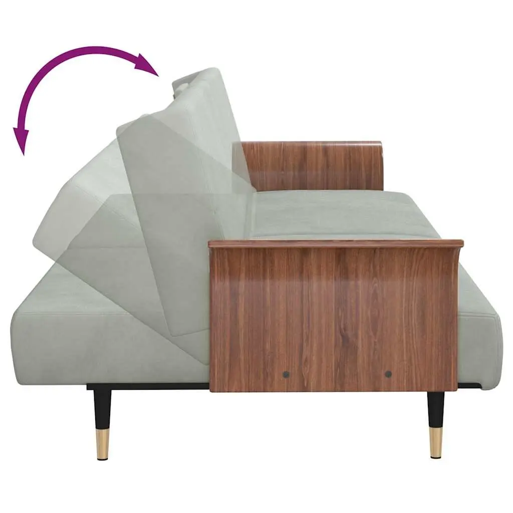 Sofa Bed Grey Velvet with Foldable Tea Table Adjustable Backrest and Cup Holders