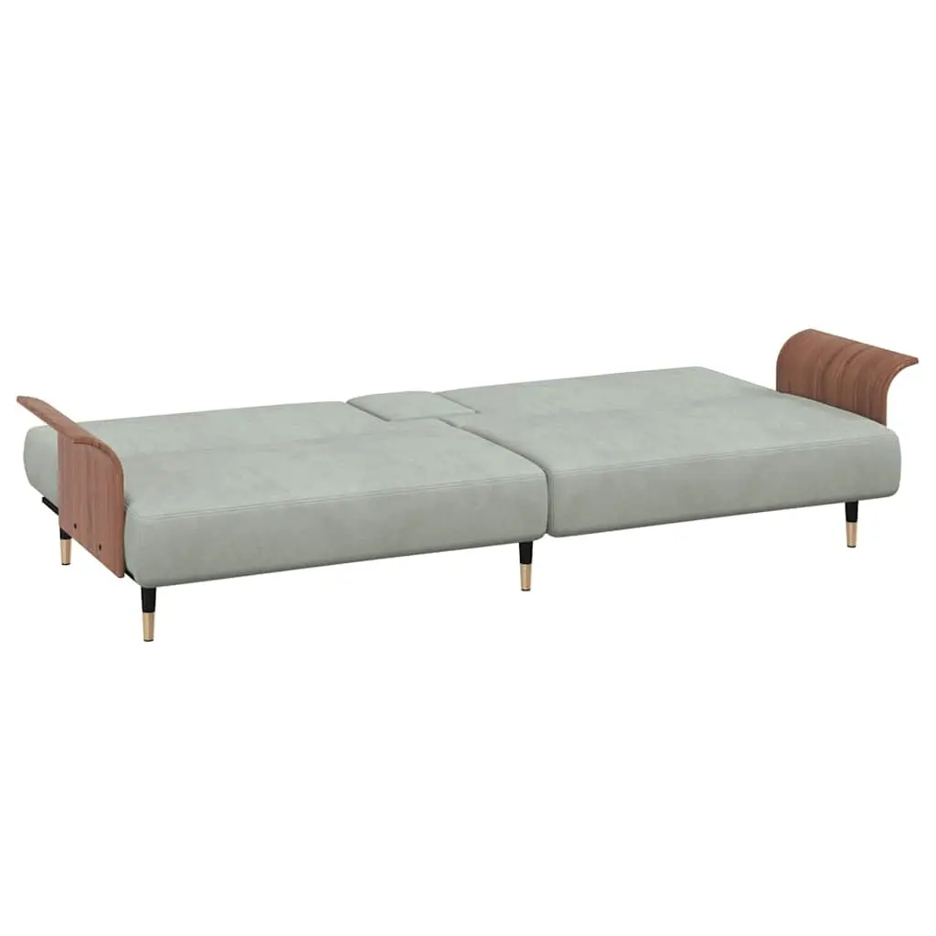 Sofa Bed Grey Velvet with Foldable Tea Table Adjustable Backrest and Cup Holders